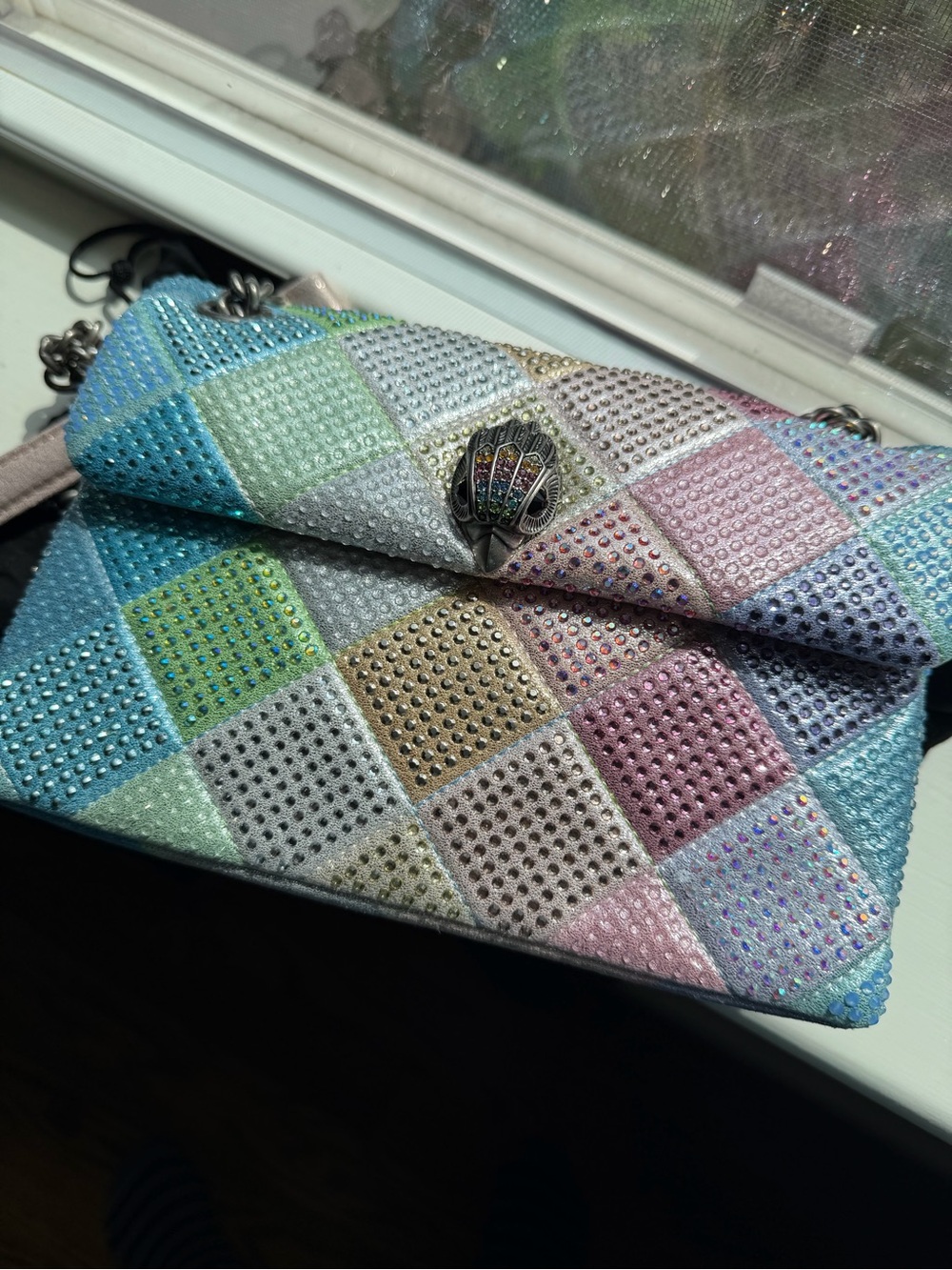 Kurt Geiger Medium Kingston Pastel Quilted Crystal Bag with Silver Chain
